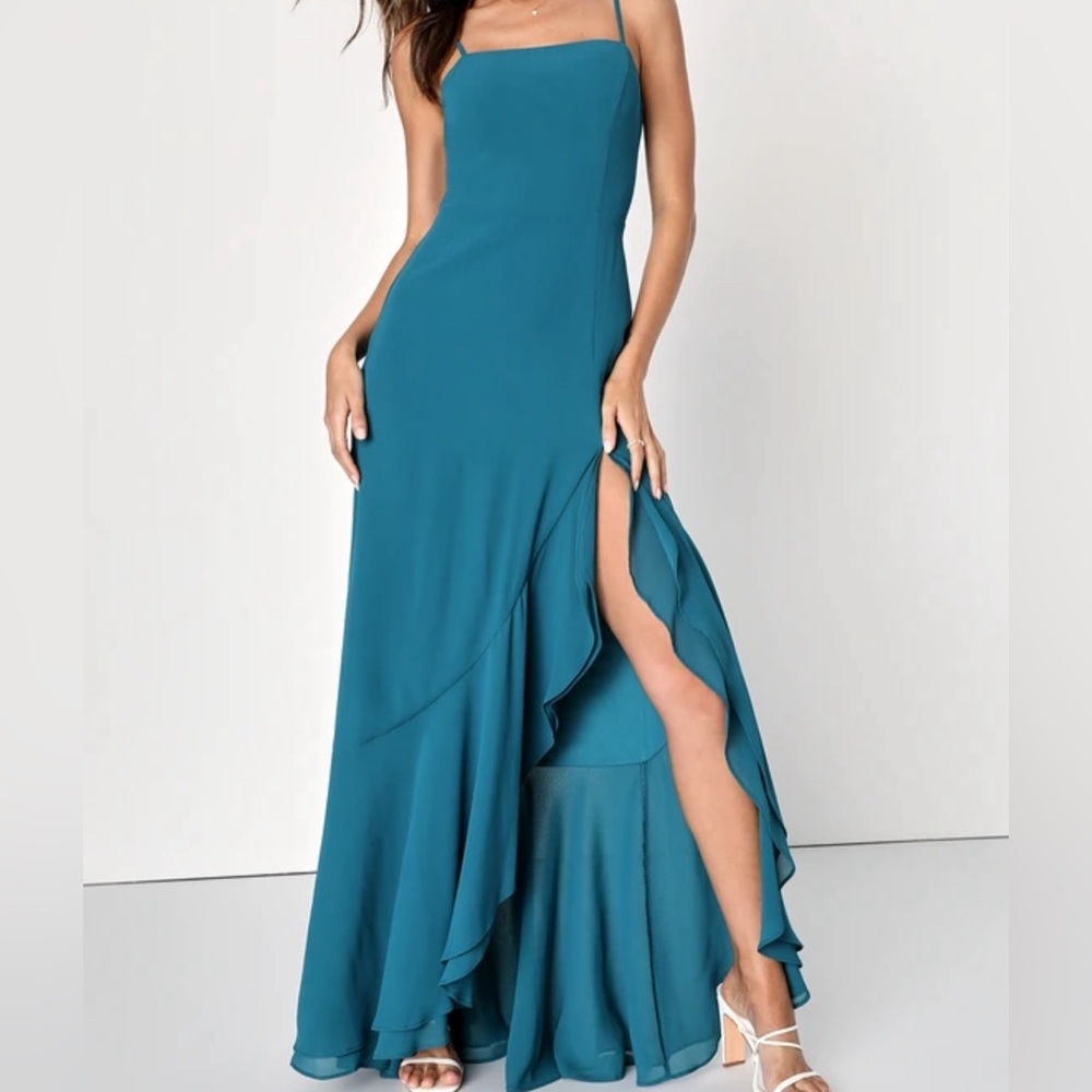 Prom dress XS Lulu’s Unforgettable Allure Dark Teal Backless Tiered Maxi Dress